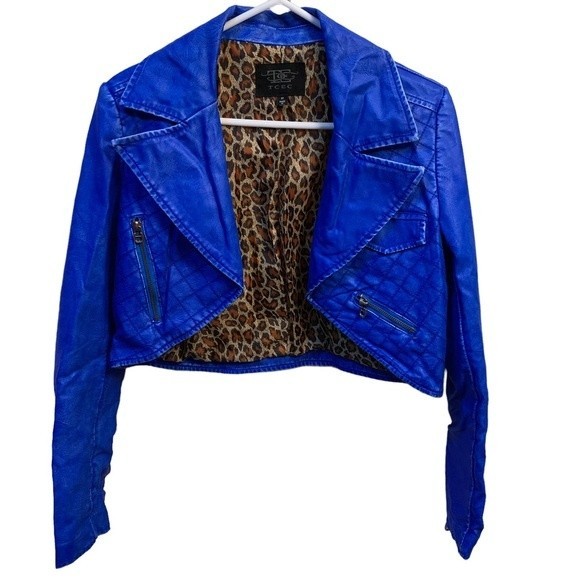 TCEC Royal Blue Faux Leather cropped Jacket. Size Medium. - Picture 2 of 8